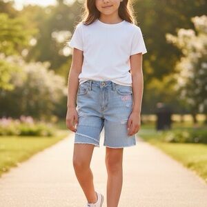 NWT Girls Levi’s Jean Shorts Size 14 Light Wash Blue Denim Pink Embroidery